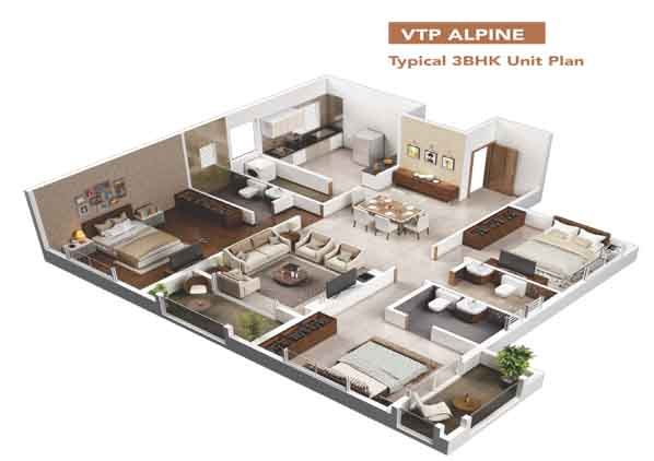 3 BHK Unit plan of vtp Alpine