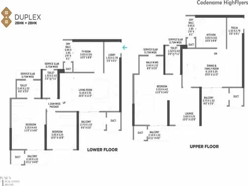 Duplex 2+2 BHK unit plan